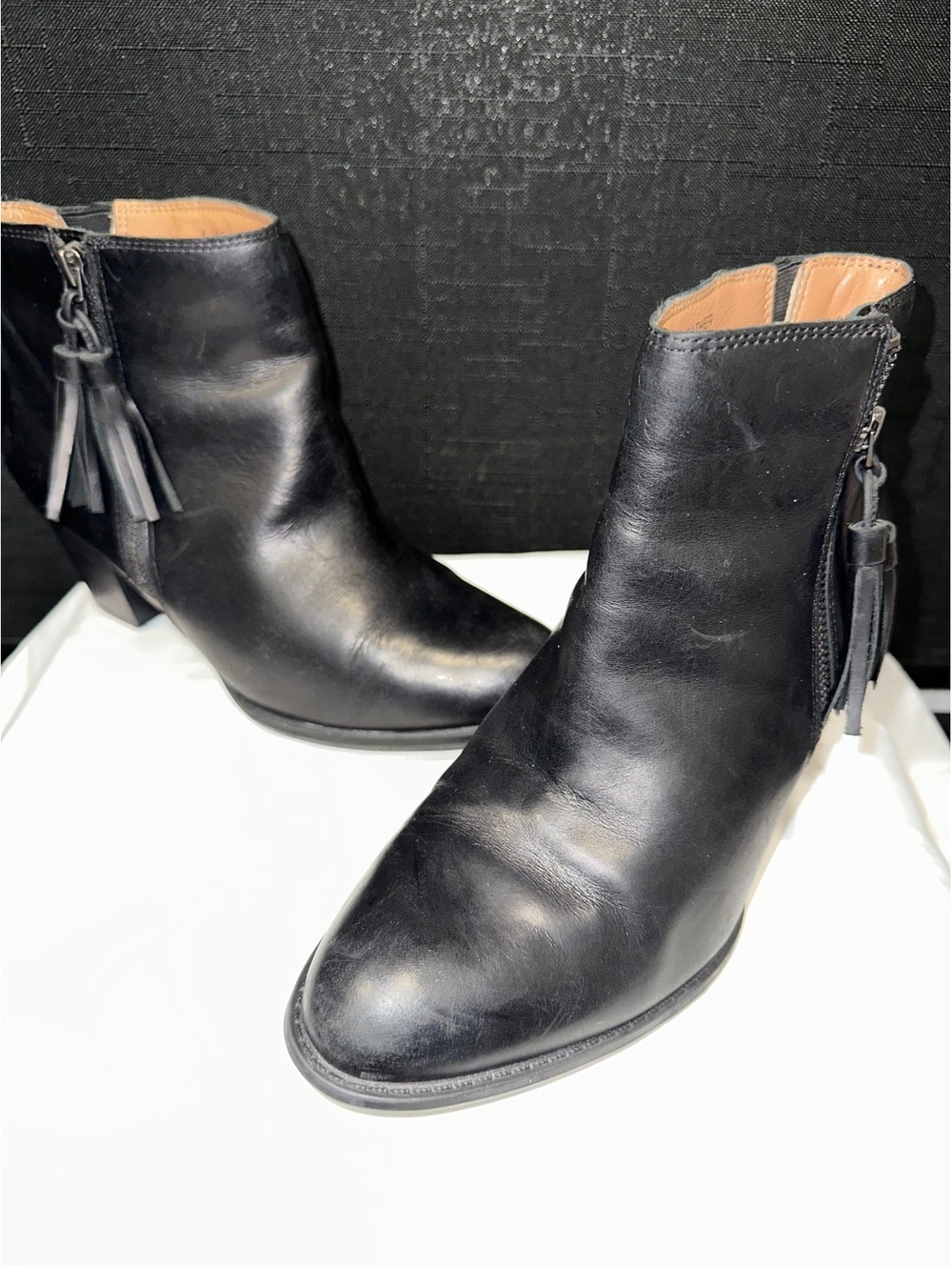 Black Leather Ankle Boots with Tassel Zipper Detail and Block Heel, Size 9
